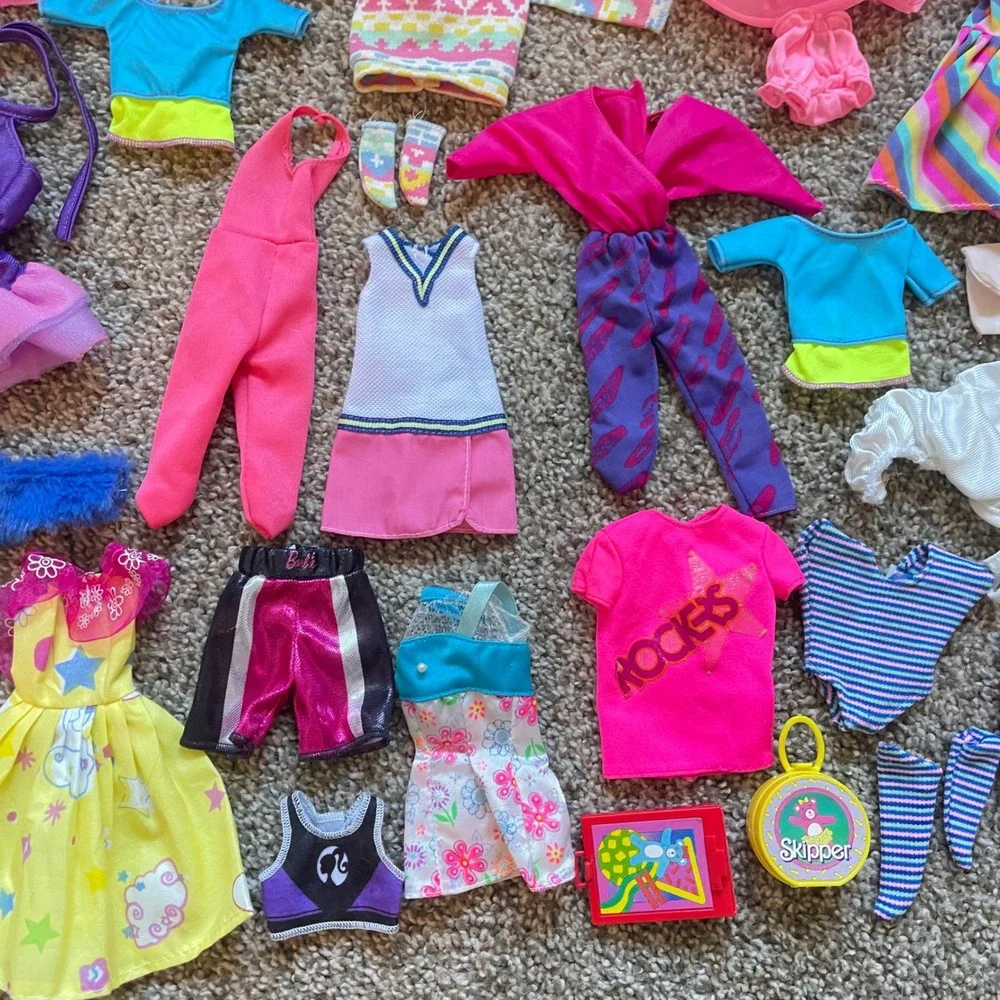 Vtg 60+ Piece Lot Barbie Doll Clothes 80s 90s Dresses Tops exercise neon workout
